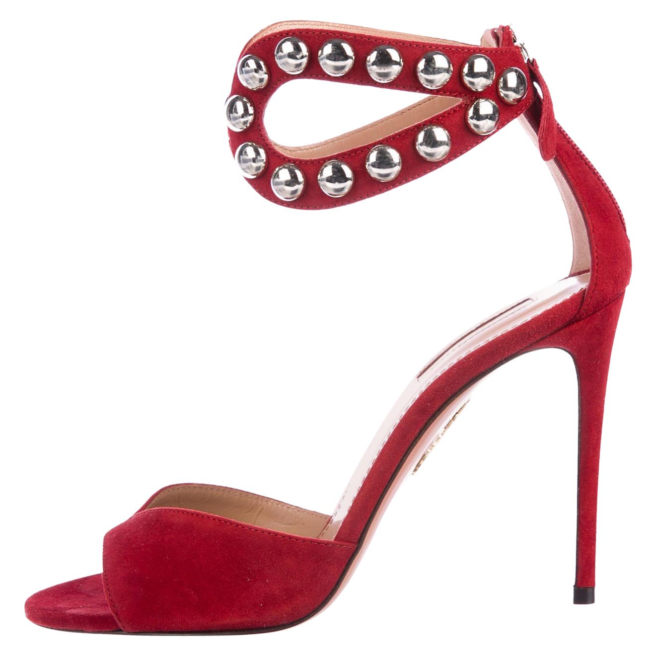 Aquazurra NEW Red Suede Silver Stud Evening Sandals Heels Pumps in Box