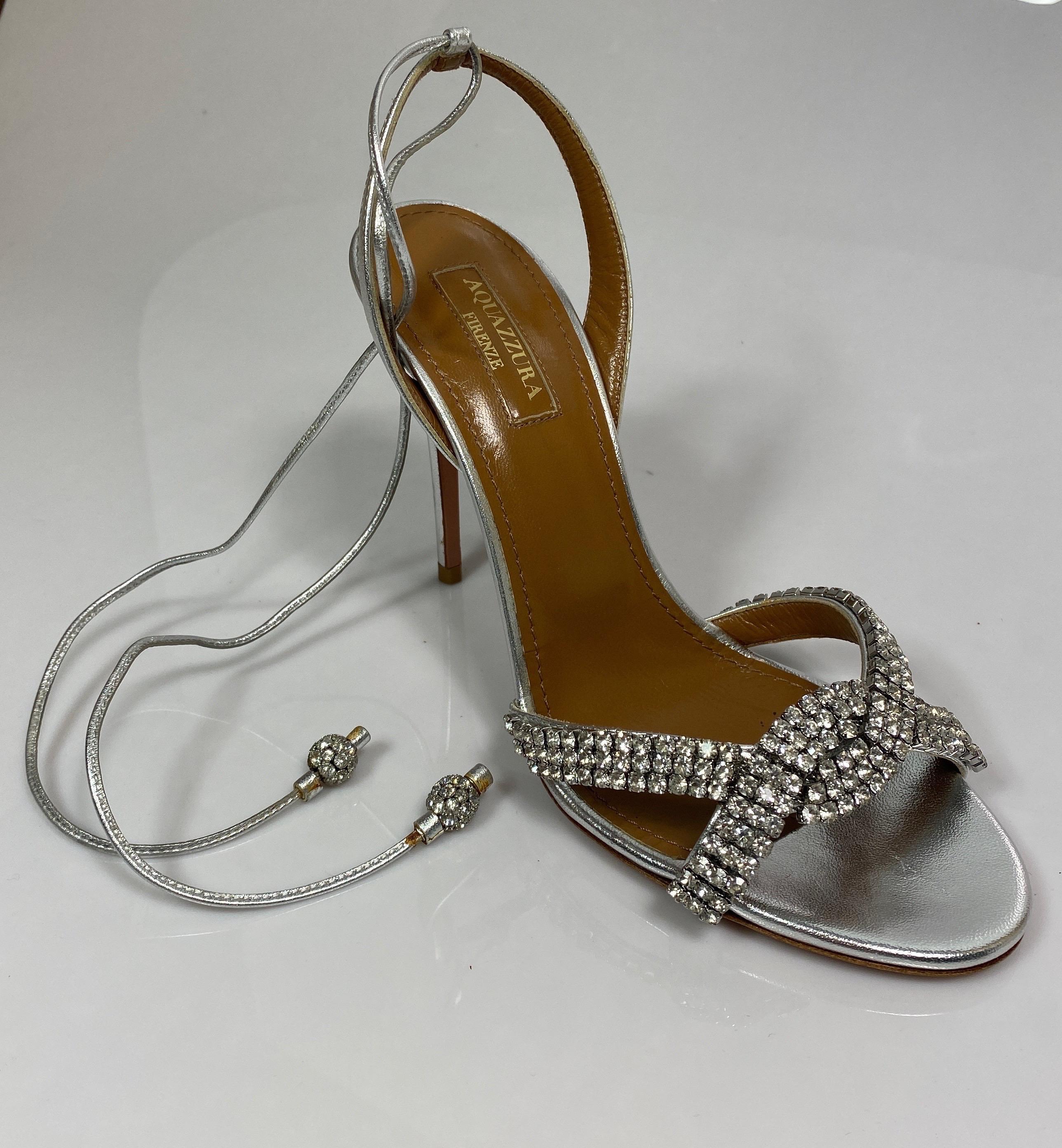Aquazurra Silver “Dazzling Sandal” crystal embellished heels-Size 36 In Excellent Condition For Sale In West Palm Beach, FL