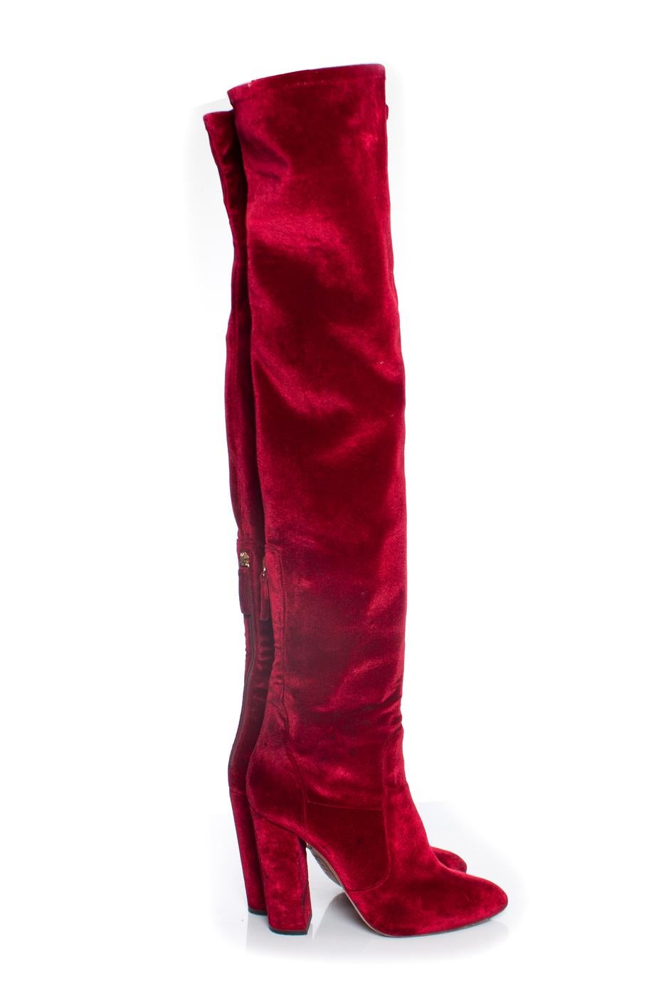 Red Aquazurra, velvet over the knee boots For Sale