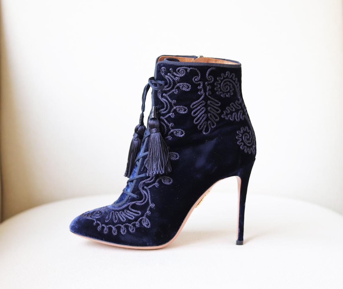 Expertly crafted in Italy from royal-blue crushed-velvet, these 'Almaty' lace-up boots are set on a thin 110 mm heel and beautifully decorated with intricate embroidery and tasseled trim. 
Heel measures approximately 110 mm/ 4.5 inches.
Rich-blue