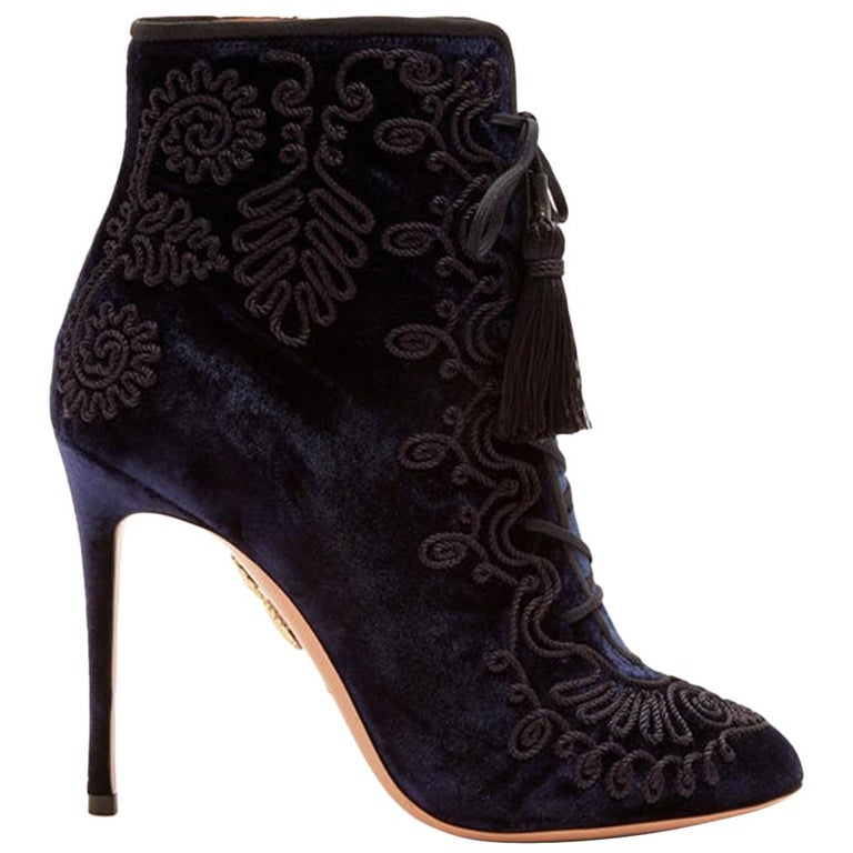 Aquazzura Almaty Lace-Up Embroidered Crushed-Velvet Ankle Boots at ...