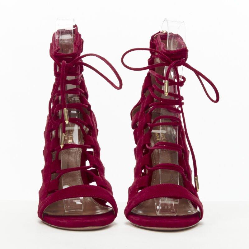 Red AQUAZZURA Amazon dark red suede lace up sandals high heels EU38 For Sale