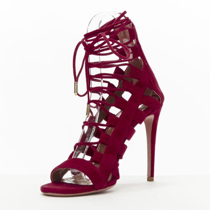 AQUAZZURA Amazon dark red suede lace up sandals high heels EU38 In Good Condition For Sale In Hong Kong, NT