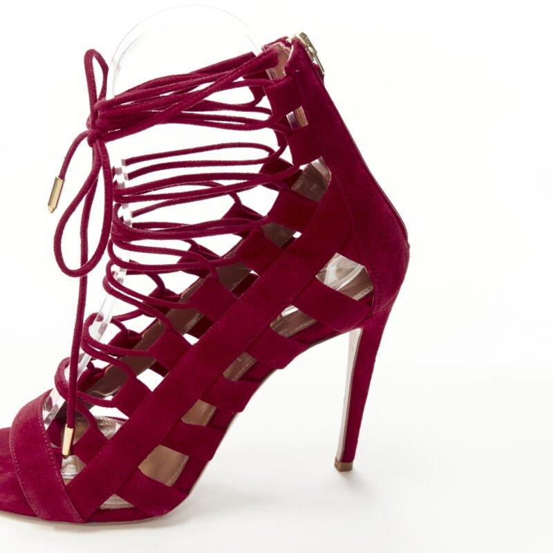 AQUAZZURA Amazon dark red suede lace up sandals high heels EU38 For Sale 3