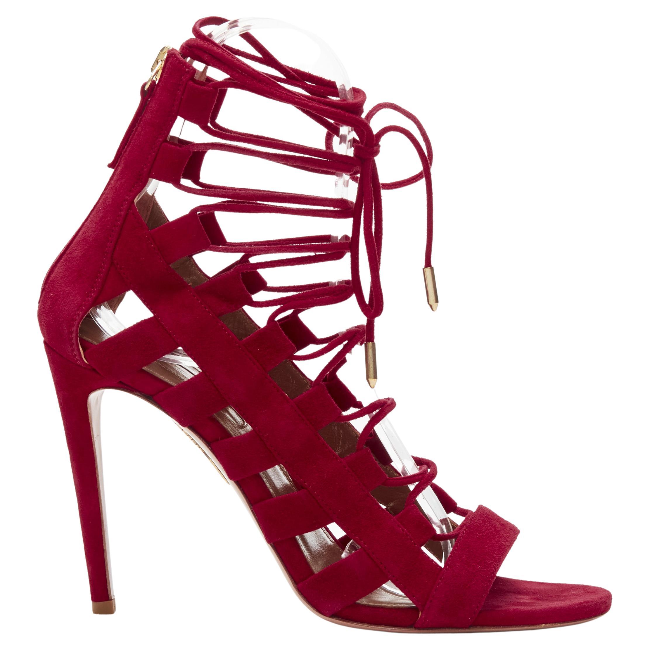 AQUAZZURA Amazon dark red suede lace up sandals high heels EU38 For Sale