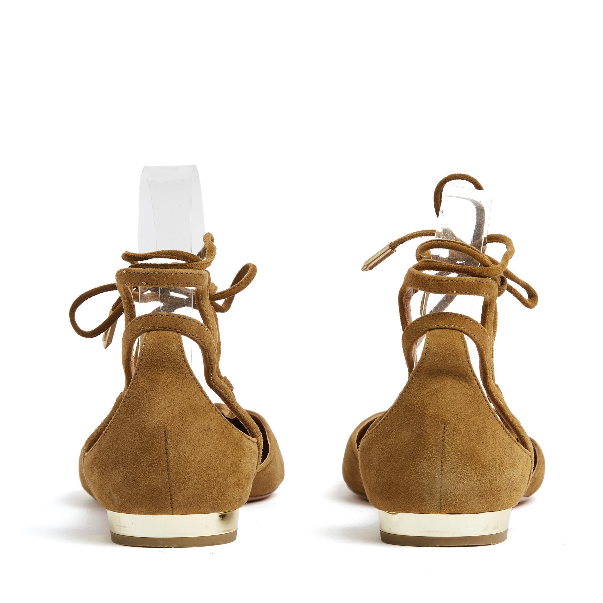 Aquazzura Ballerines Christy EU38.5 Chaussures de ballet plates en daim beige foncé GB5,5 US8 Excellent état - En vente à PARIS, FR