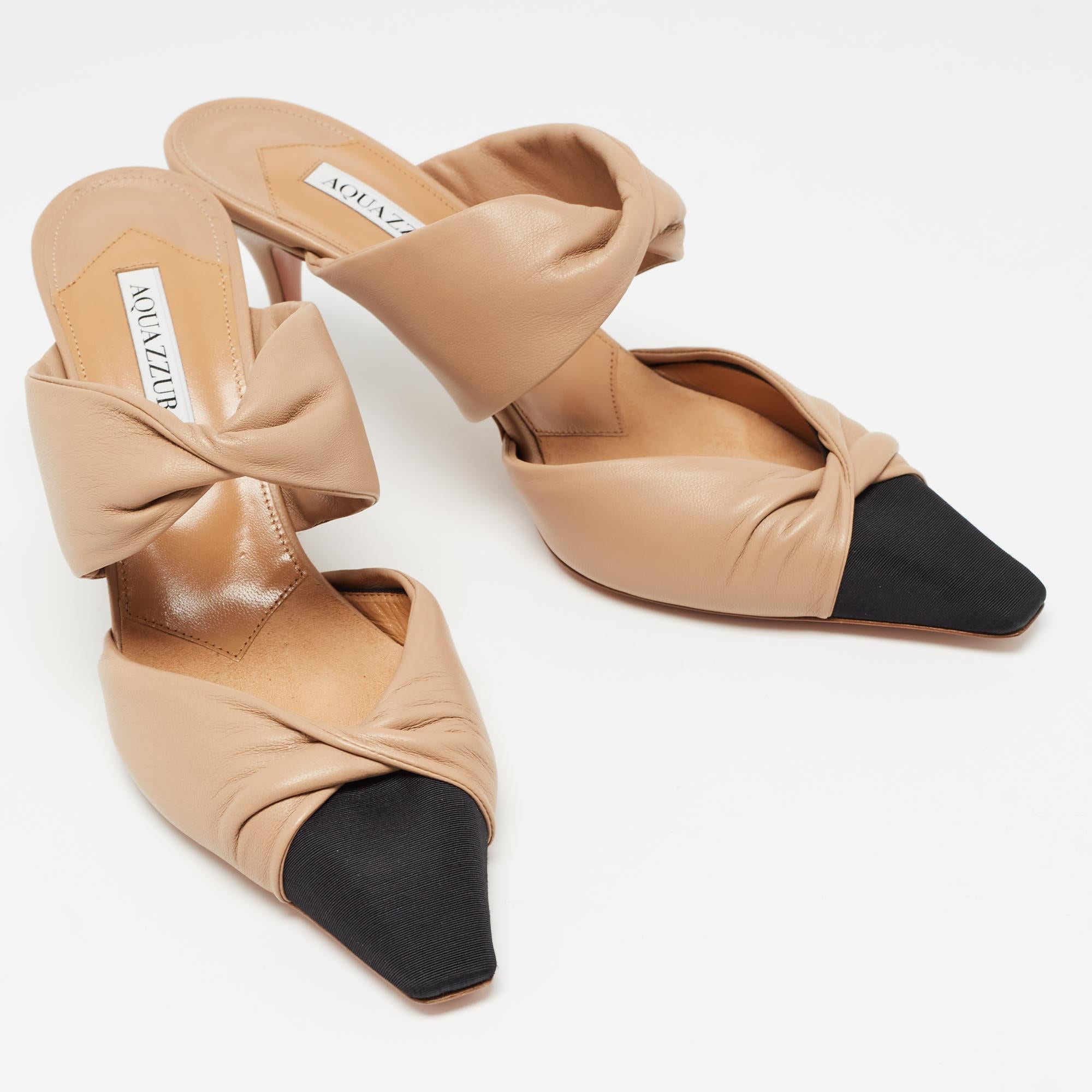 Women's Aquazzura Beige/Black Leather and Grosgrain Twist Puffy Mules Size 41 For Sale