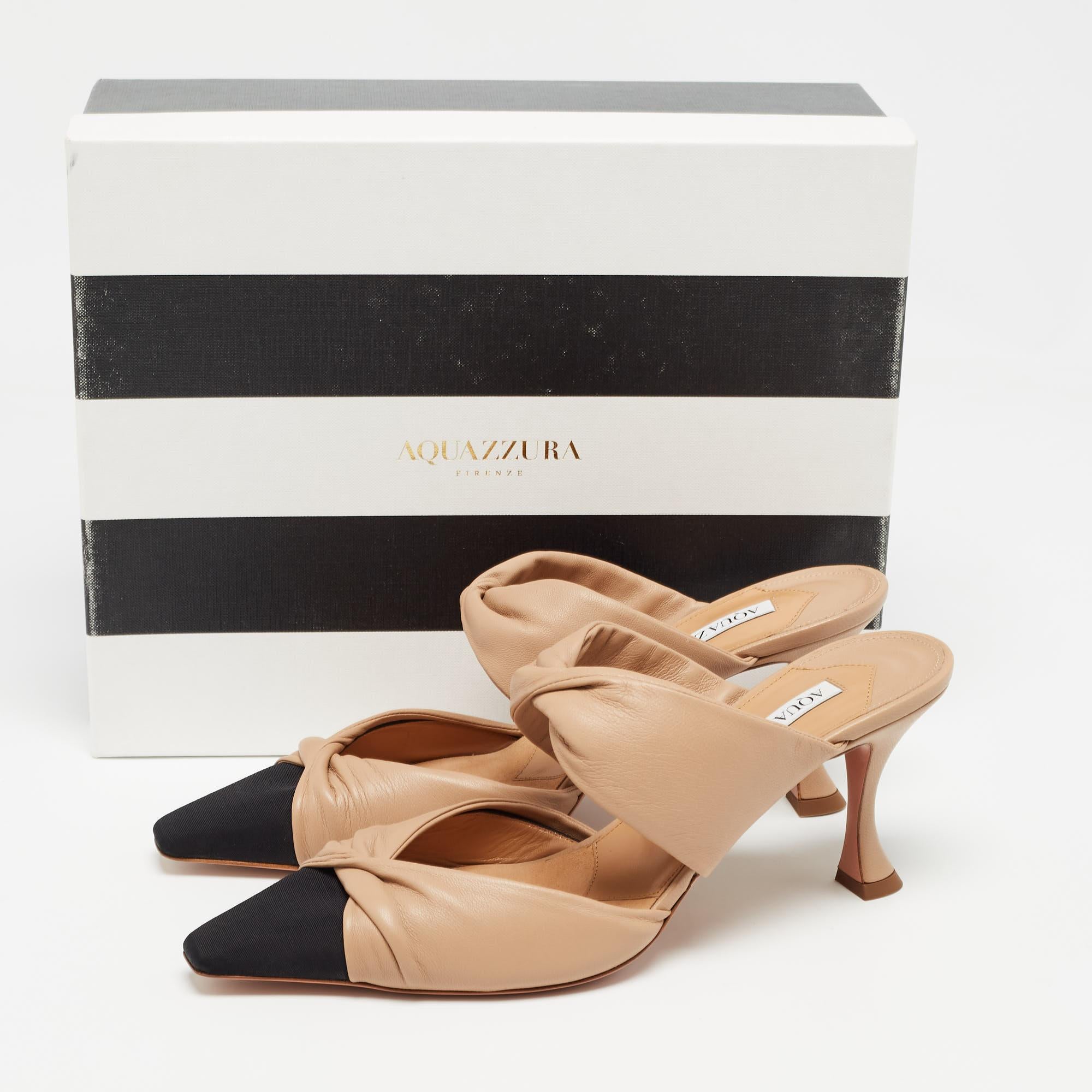 Aquazzura Beige/Black Leather and Grosgrain Twist Puffy Mules Size 41 For Sale 5