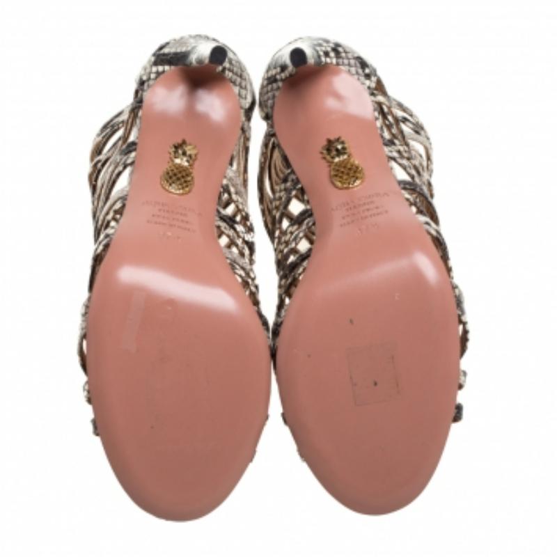 Gray Aquazzura Beige/Brown Python Embossed Leather Knockout Sandals Size 37.5 For Sale