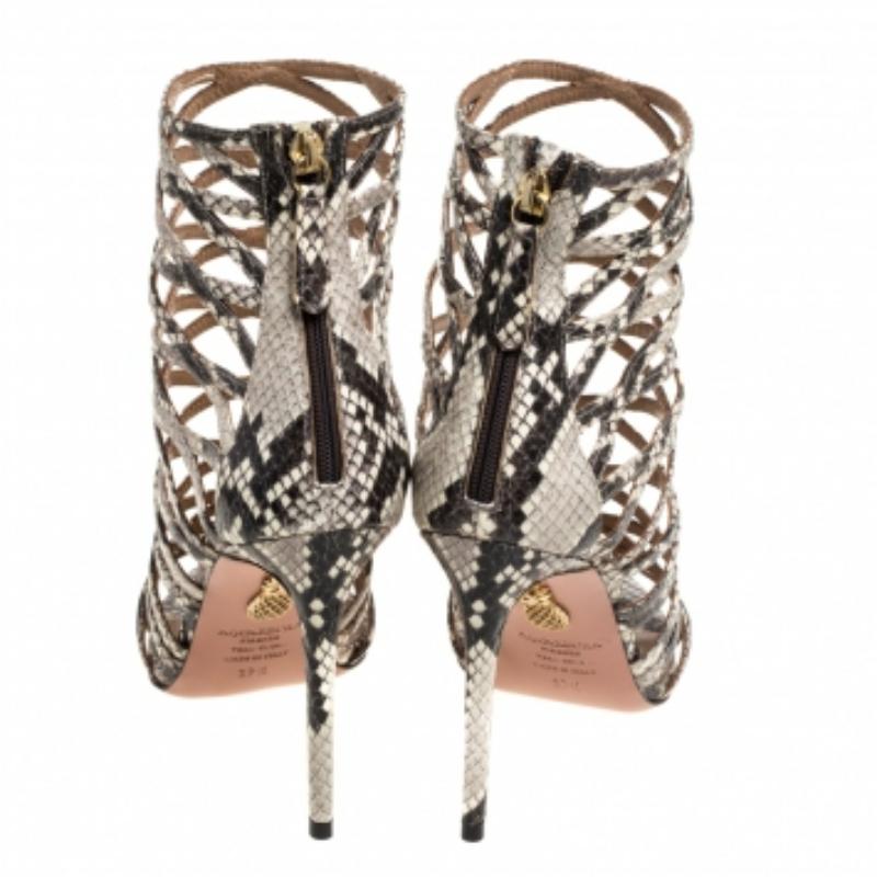 Aquazzura Beige/Brown Python Embossed Leather Knockout Sandals Size 37.5 In Excellent Condition For Sale In Dubai, Al Qouz 2