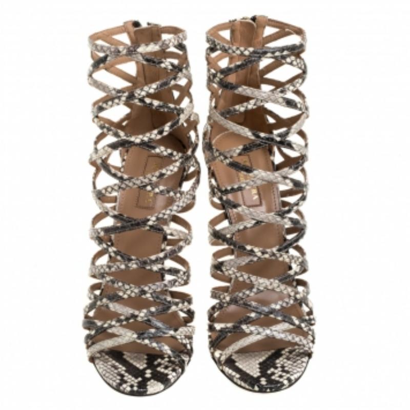 Women's Aquazzura Beige/Brown Python Embossed Leather Knockout Sandals Size 37.5 For Sale