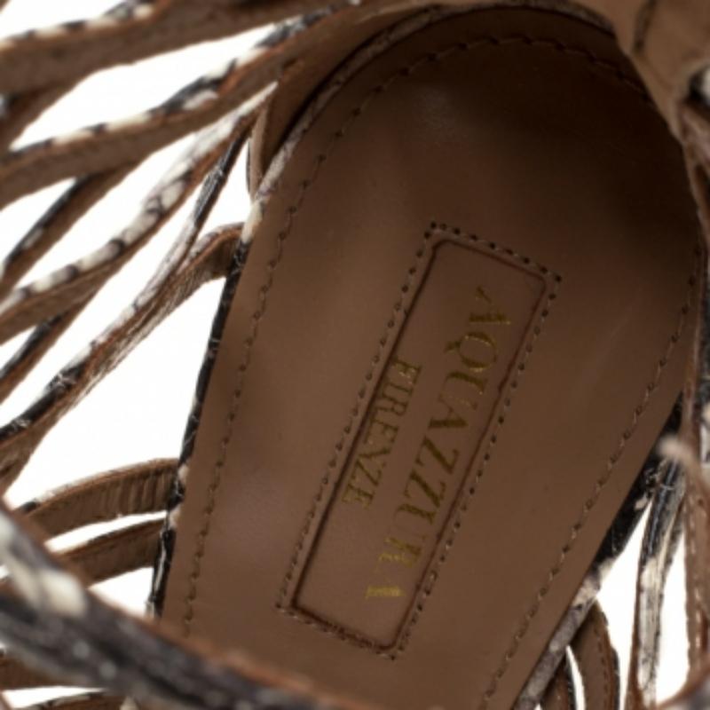 Aquazzura Beige/Brown Python Embossed Leather Knockout Sandals Size 37.5 For Sale 1
