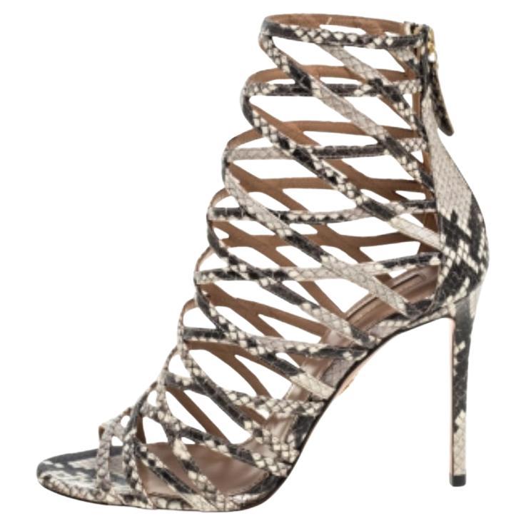Aquazzura Beige/Brown Python Embossed Leather Knockout Sandals Size 37.5 For Sale