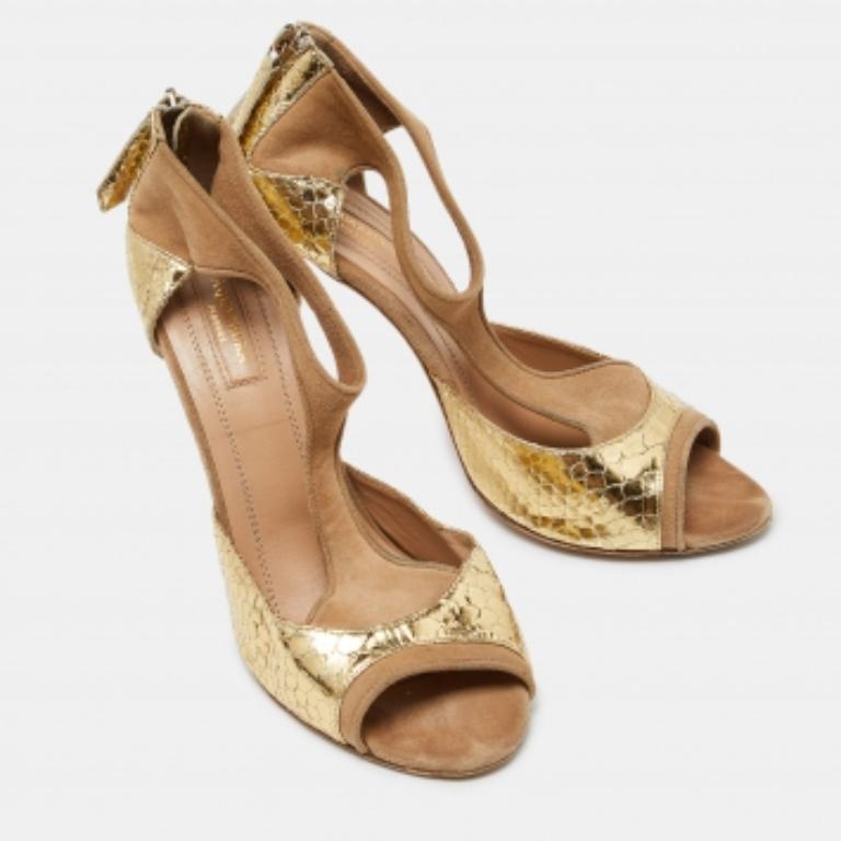 Aquazzura - Escarpins en cuir gaufré beige/or et peau de serpent - Taille 39 Pour femmes en vente