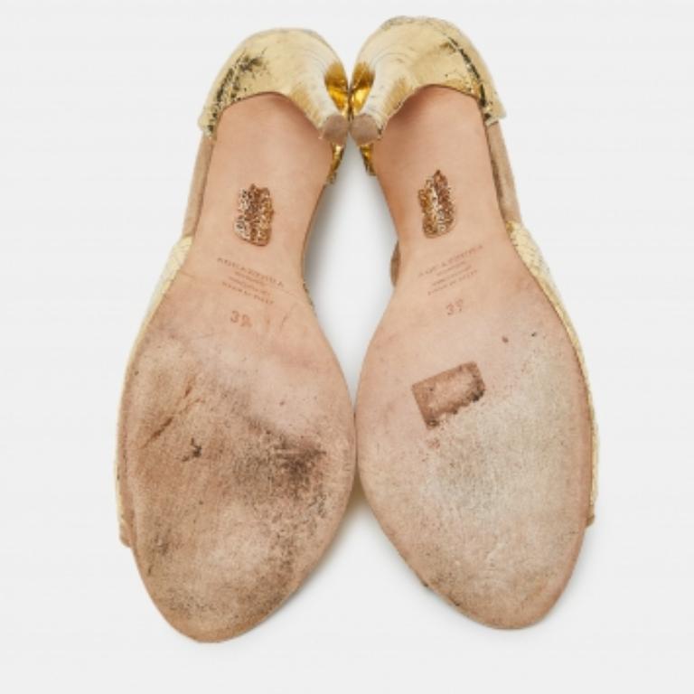 Aquazzura - Escarpins en cuir gaufré beige/or et peau de serpent - Taille 39 en vente 2