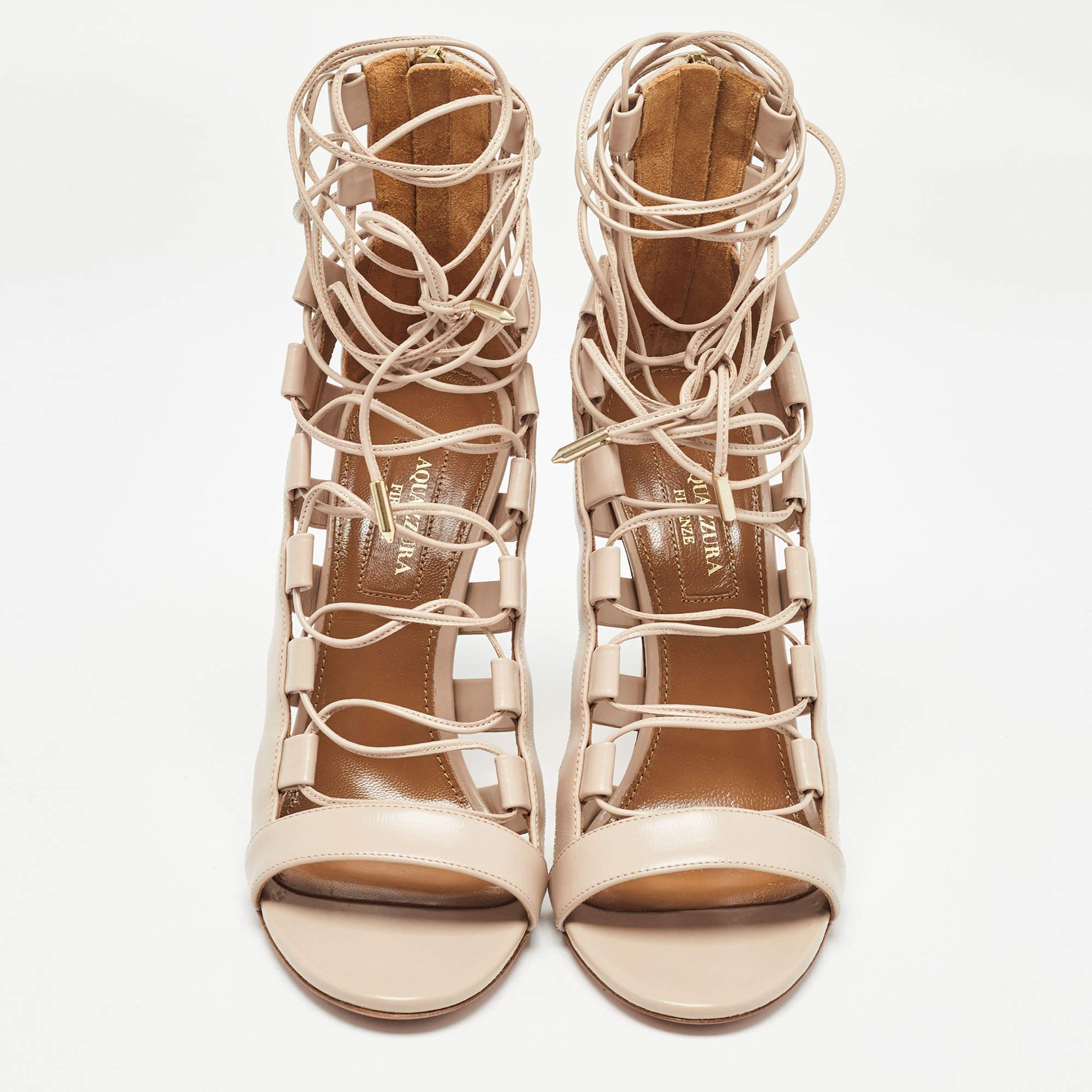 Aquazzura Beige Leather Amazon Ankle Wrap Sandals Size 36 In Excellent Condition In Dubai, Al Qouz 2