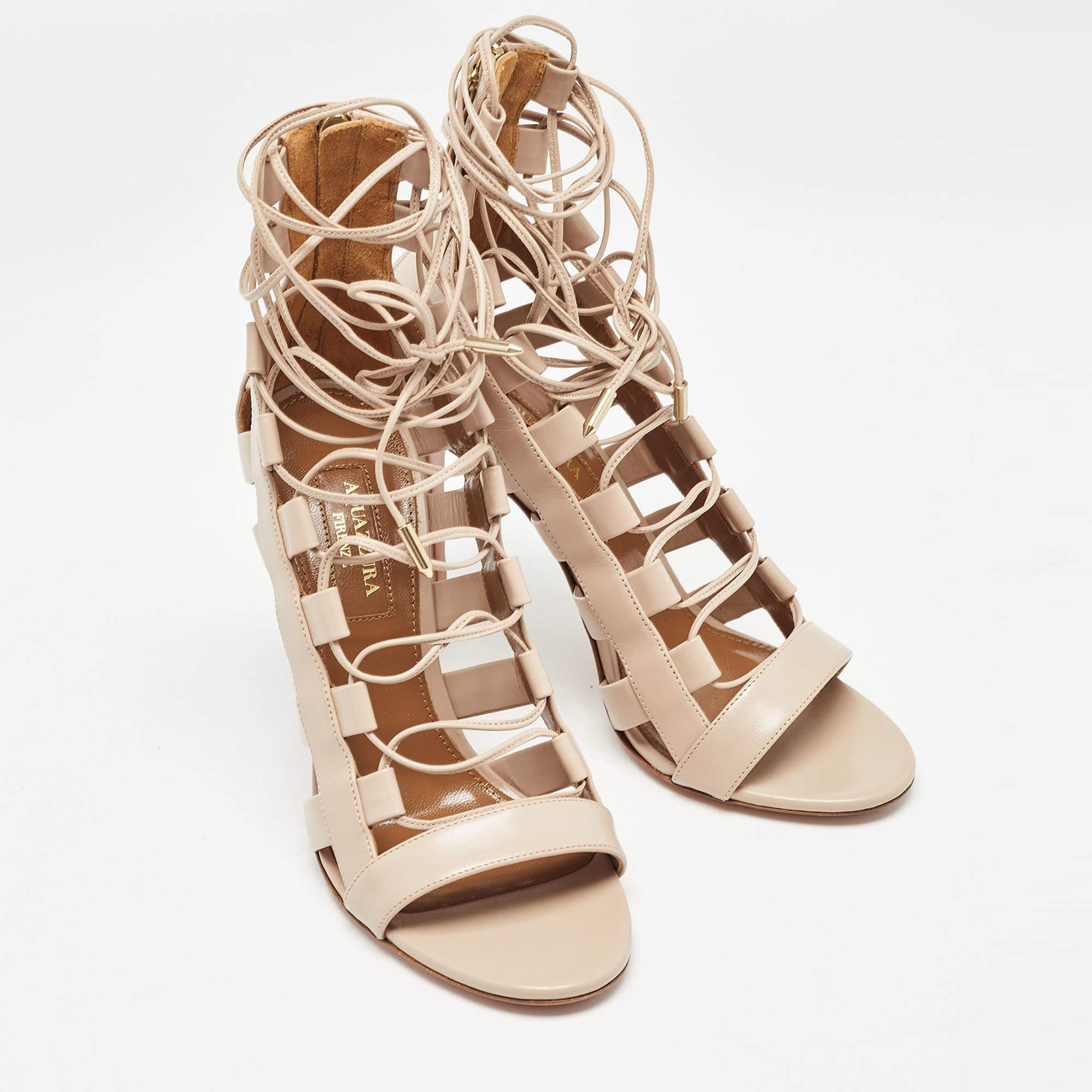 Women's Aquazzura Beige Leather Amazon Ankle Wrap Sandals Size 36