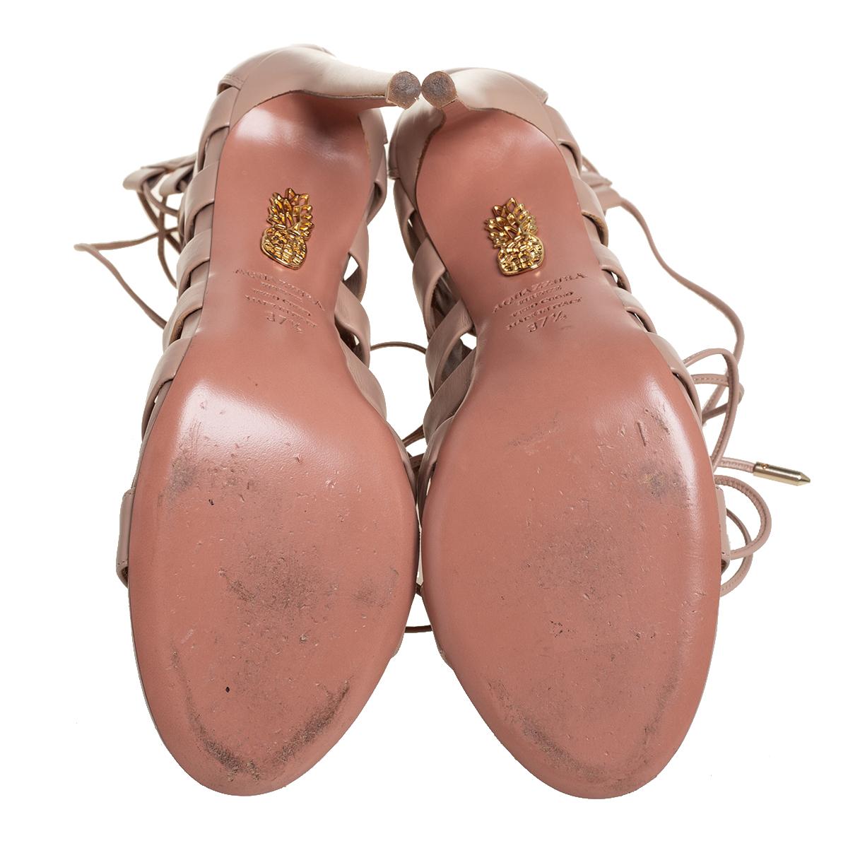 Aquazzura Beige Leather Amazon Lace Up Open Toe Sandals Size 37.5 1