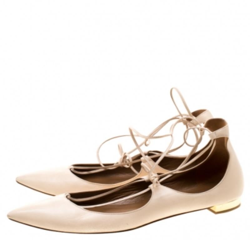Donna Aquazzura Beige Leather Christie's Ankle Wrap Pointed Toe Flats Taglia 37 in vendita