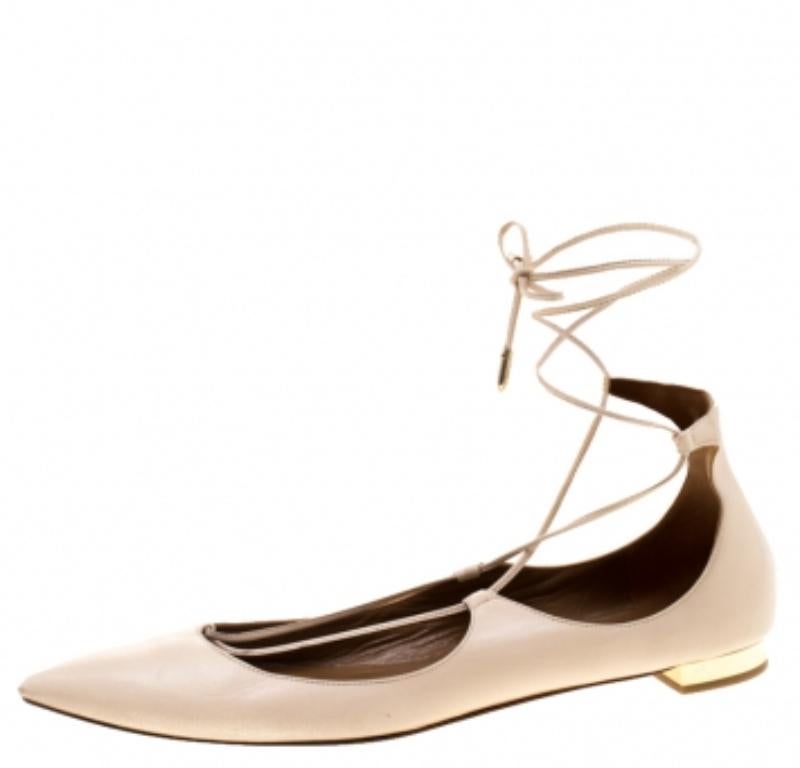 Aquazzura Beige Leather Christie's Ankle Wrap Pointed Toe Flats Taglia 37 in vendita 1