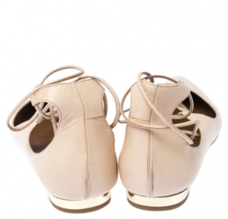 Aquazzura Beige Leather Christie's Ankle Wrap Pointed Toe Flats Taglia 37 in vendita 3