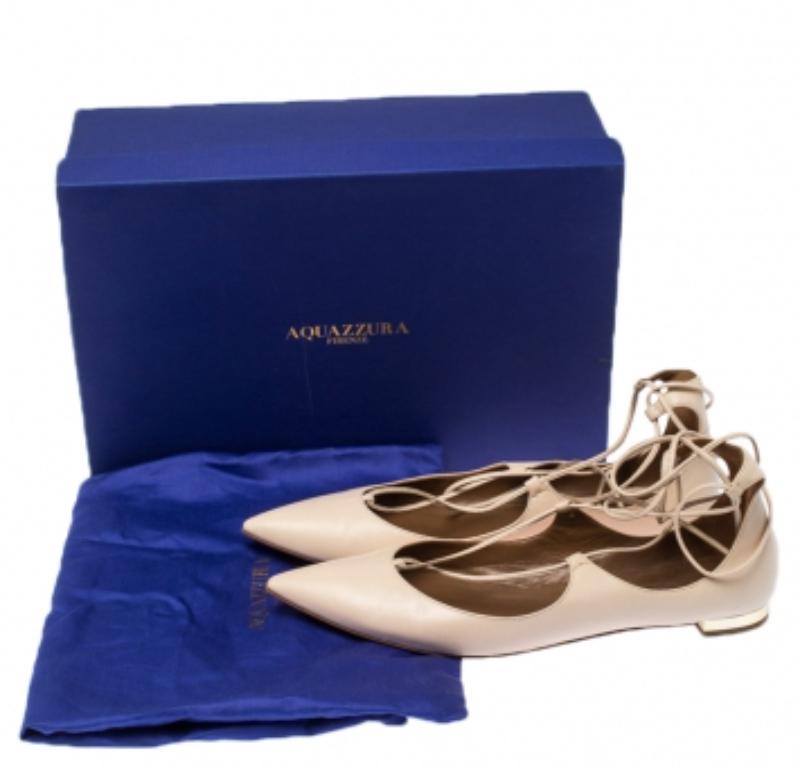 Aquazzura Beige Leather Christie's Ankle Wrap Pointed Toe Flats Taglia 37 in vendita 4