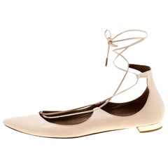 Aquazzura Beige Leather Christie Ankle Wrap Pointed Toe Flats Size 37