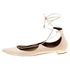 Aquazzura Beige Leather Christie Ankle Wrap Pointed Toe Flats Size 37