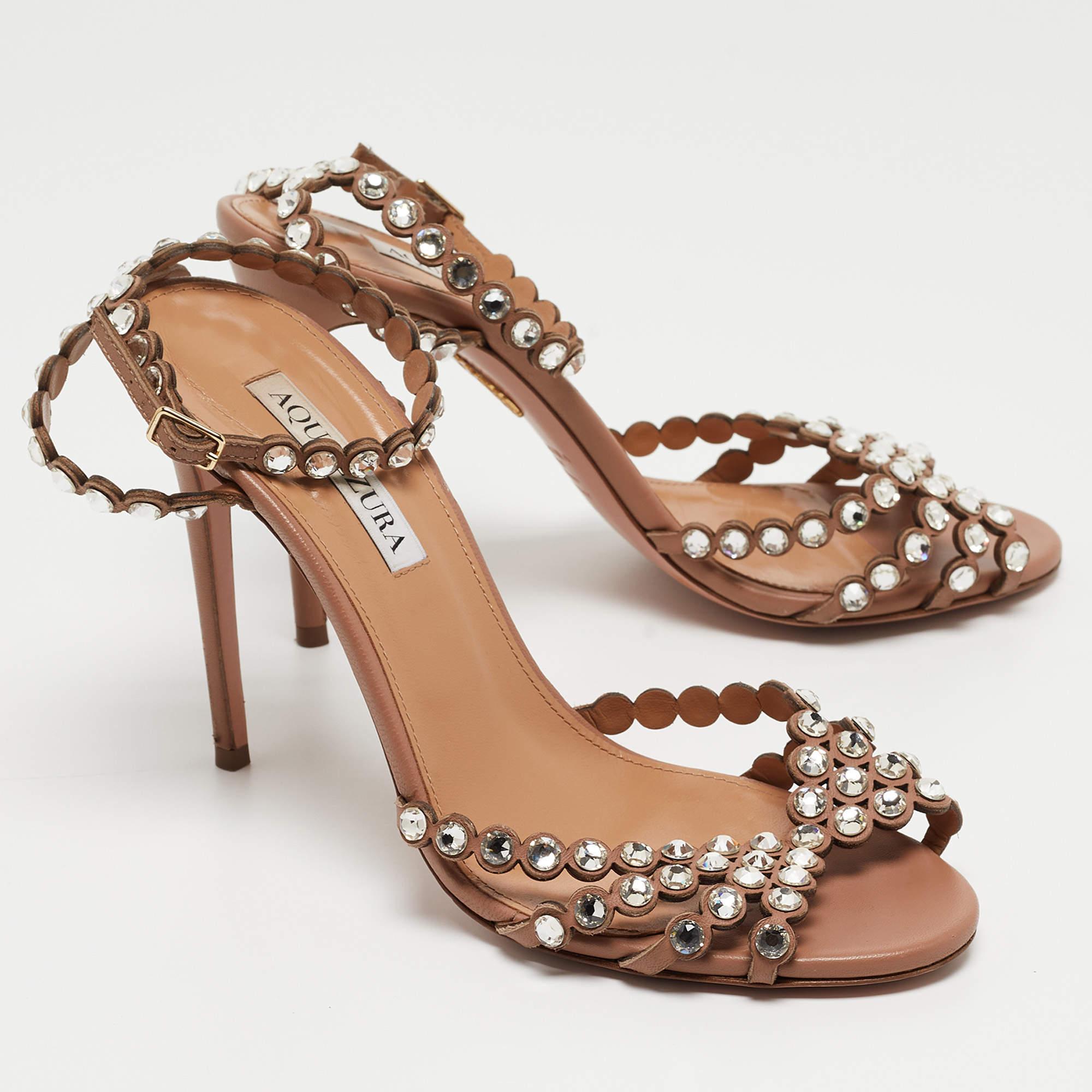 Women's Aquazzura Beige Leather Crystal-Embellished Ankle Strap Sandals Size 39