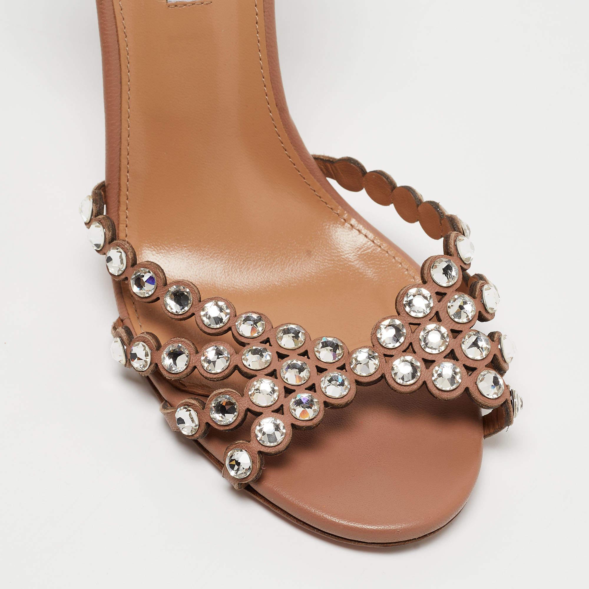 Aquazzura Beige Leather Crystal-Embellished Ankle Strap Sandals Size 39 1