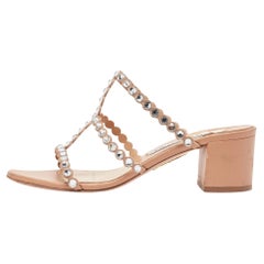 Aquazzura Beige Leather Crystal Embellished Slides Size 36