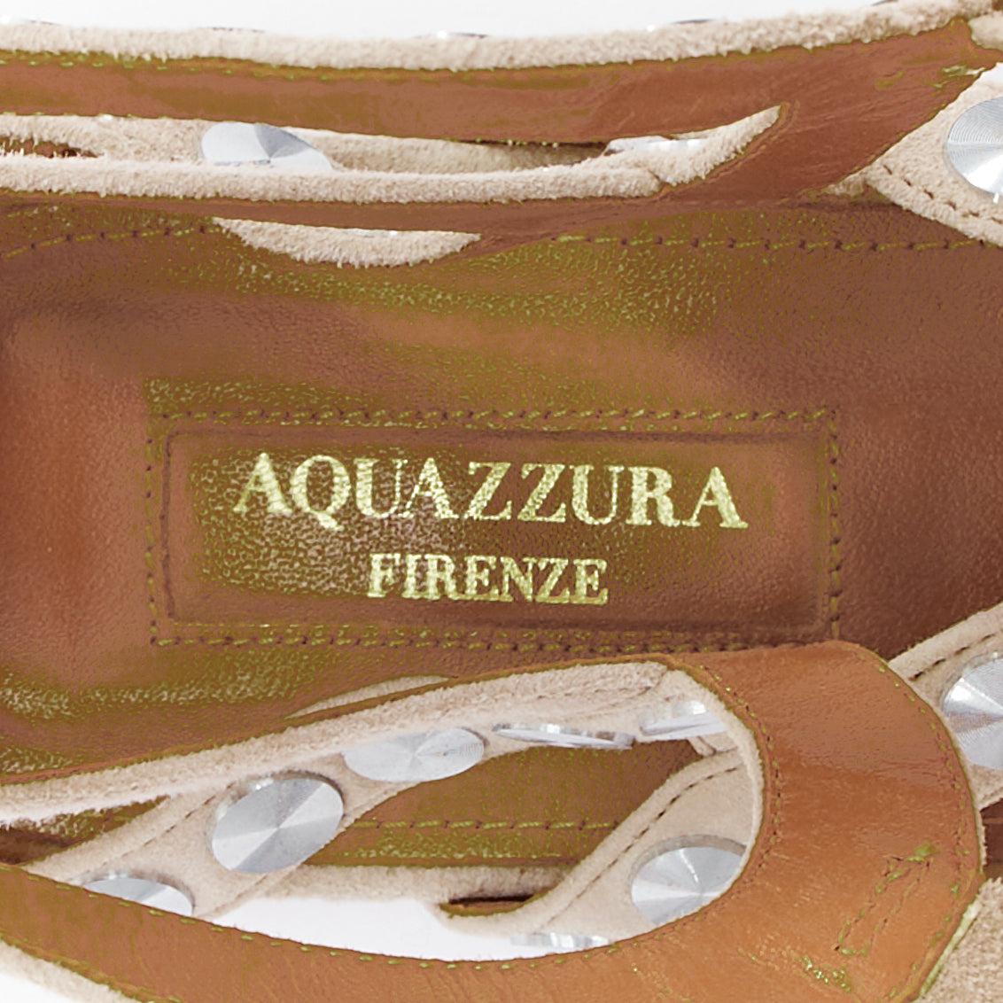 AQUAZZURA sandali gladiatore in pelle beige con borchie a forma di disco d'argento EU36 in vendita 4