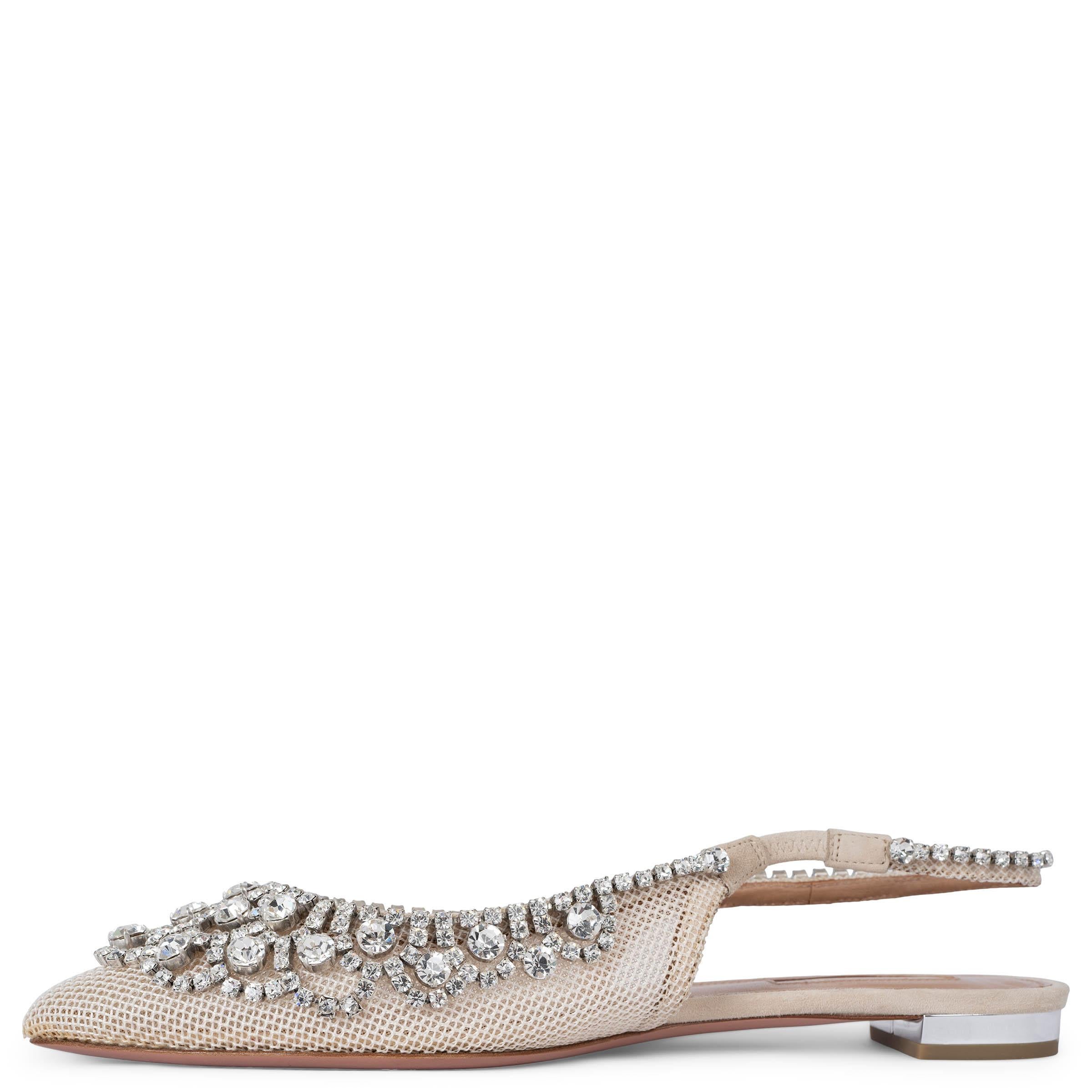 Beige AQUAZZURA beige mesh MARAHANI CRYSTAL Slingback Flats Shoes 36.5 For Sale