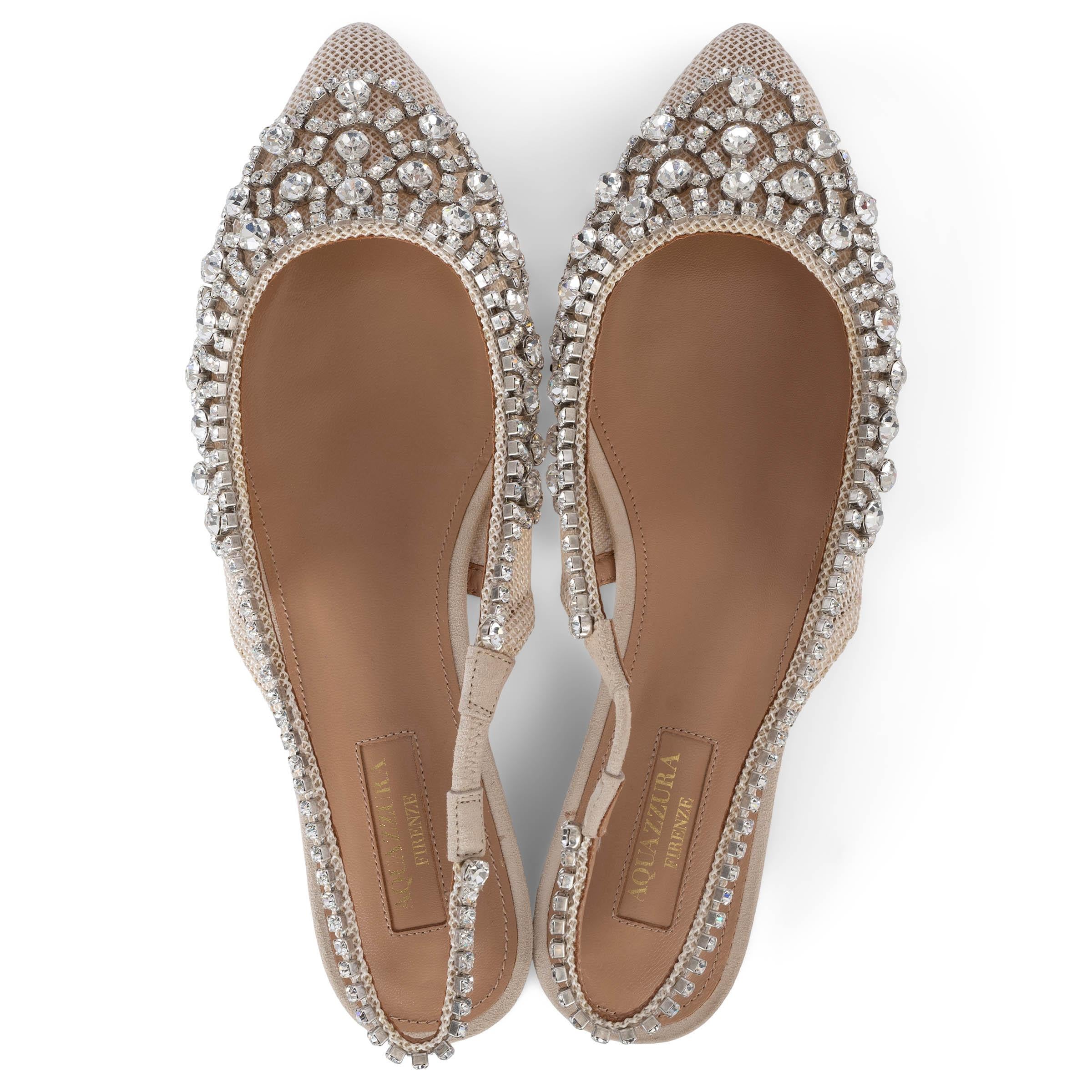 Women's AQUAZZURA beige mesh MARAHANI CRYSTAL Slingback Flats Shoes 36.5 For Sale