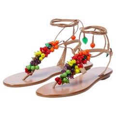 AQUAZZURA - Sandales à lanières plates TUTTI FRUTTI en raphia et verre beige 38,5