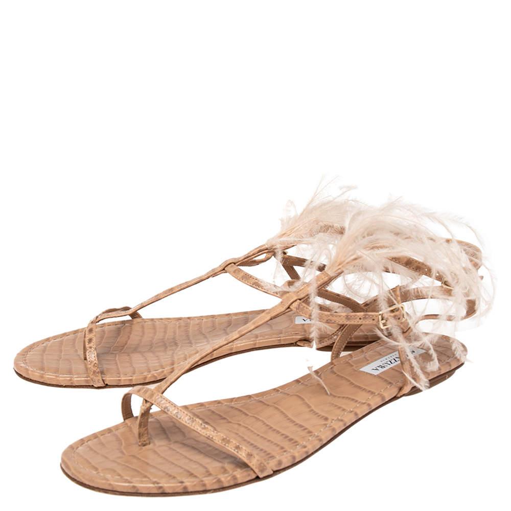 Women's Aquazzura Beige Snake Embossed Leather Feather Trimmed T- Strap Sandals Size 39 For Sale