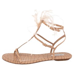 Aquazzura Beige Sandalen mit Federbesatz aus Leder mit Schlangenprägung und T-Riemen Größe 39