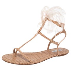 Aquazzura Beige Snake Embossed Leather Feather Trimmed T- Strap Sandals Size 39