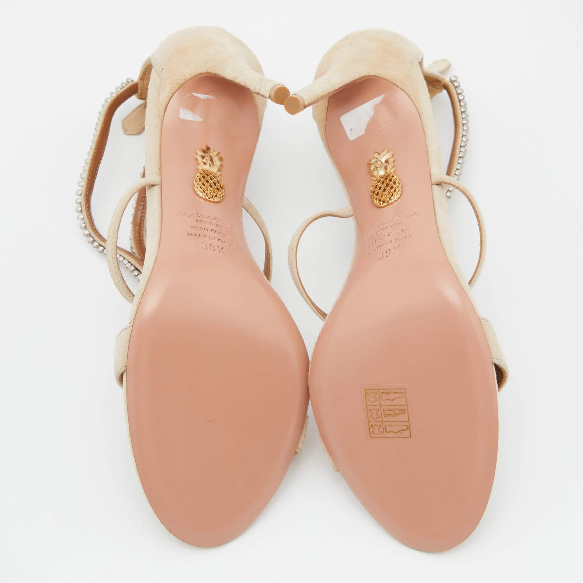 Aquazzura Beige Suede Crystal Embellished Strappy Sandals Size 38.5 4