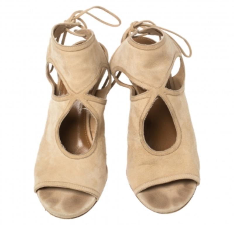 Aquazzura Beige Suede Cutout Sexy Thing Ankle Wrap Sandals Size 37 For Sale 2