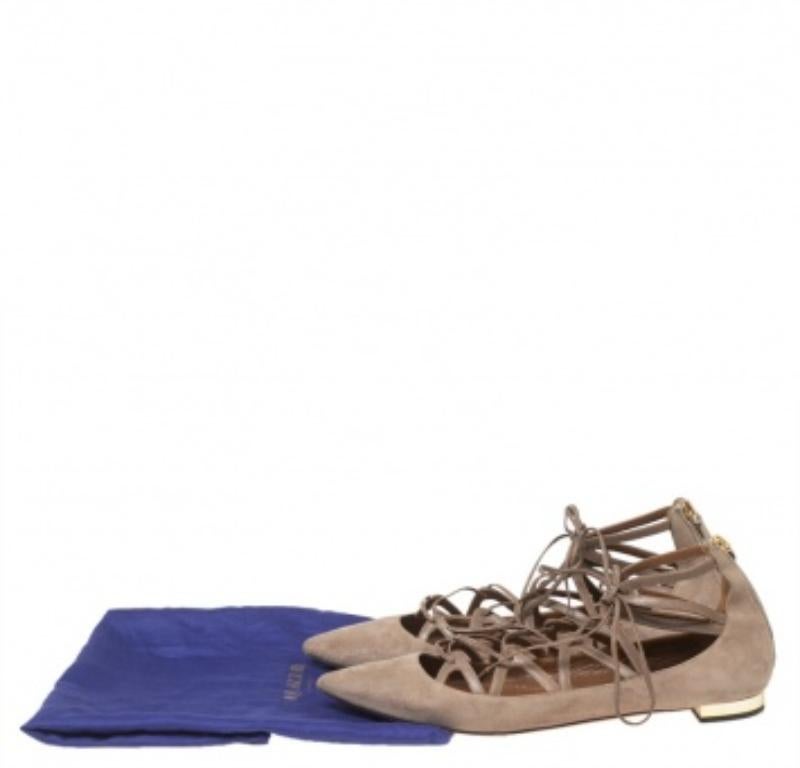 Women's Aquazzura Beige Suede Dancer Lace Up Ballet Flats Size 38