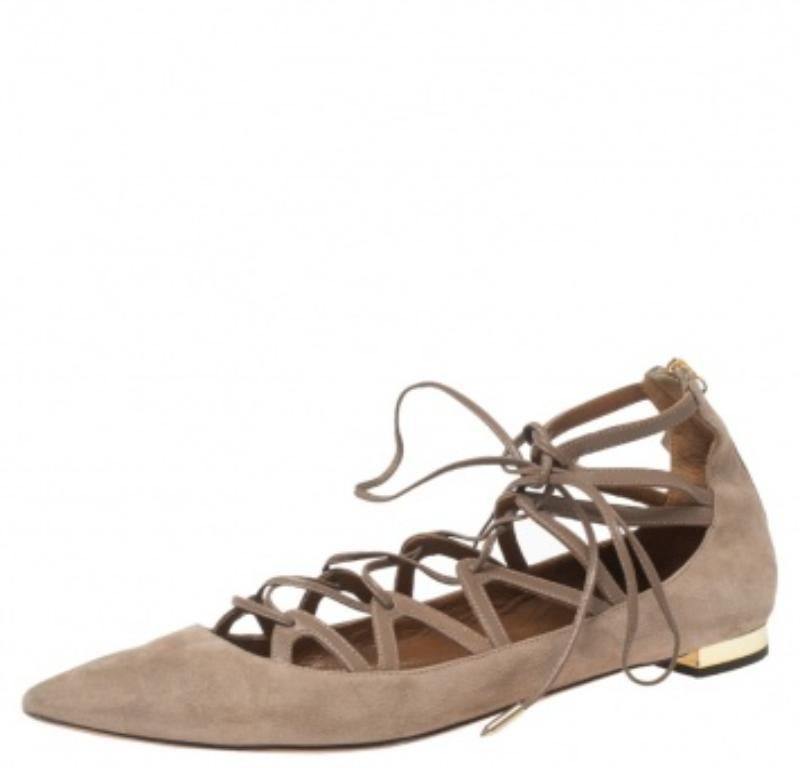 Aquazzura Beige Suede Dancer Lace Up Ballet Flats Size 38 2