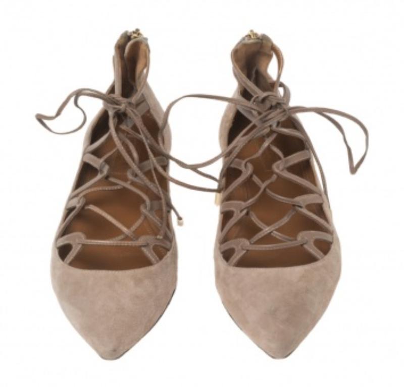 Aquazzura Beige Suede Dancer Lace Up Ballet Flats Size 38 3