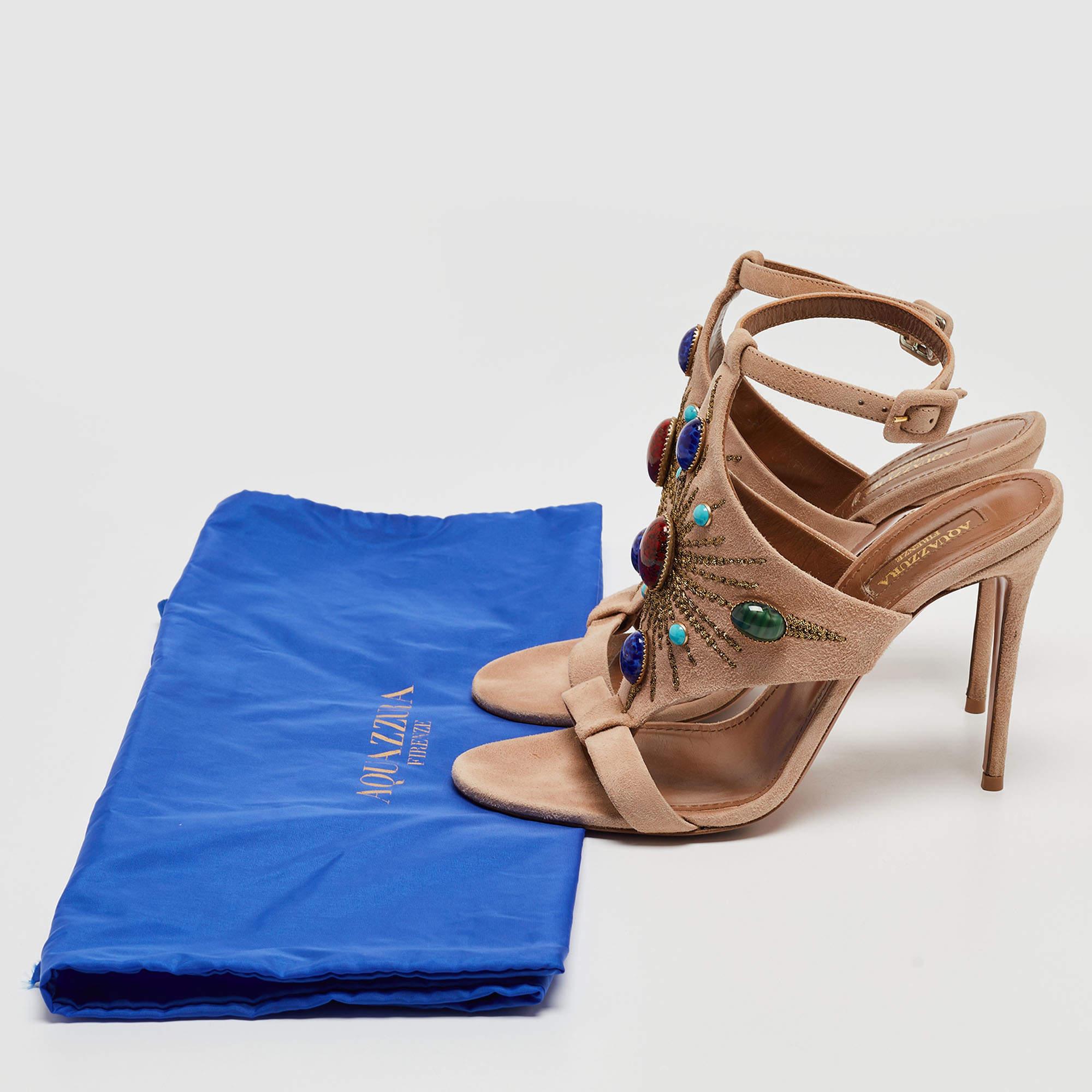 Aquazzura Beige Wildleder bestickte und gesteppte T-Bar-Sandalen mit Knöchelriemen Größe 37 5