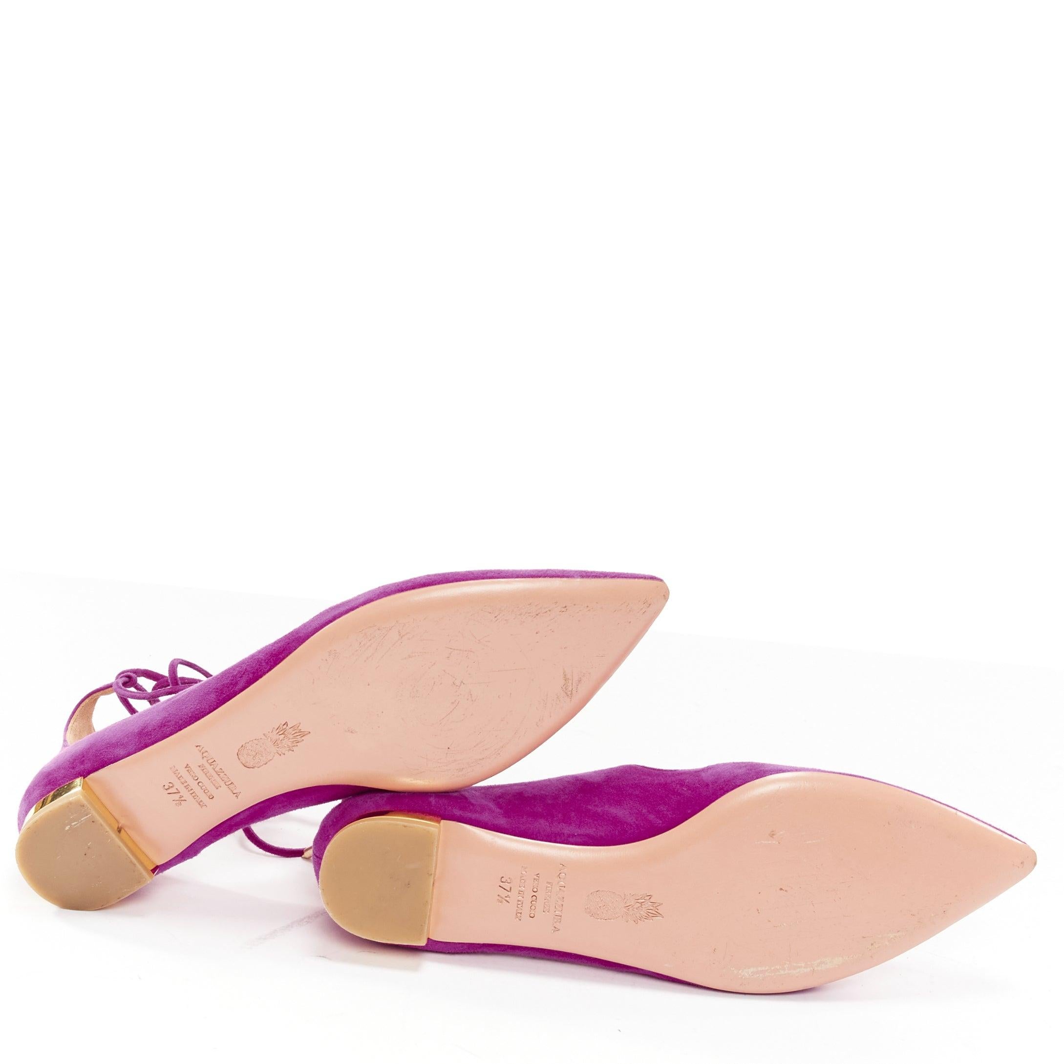 AQUAZZURA Belgravia Chaussures à talons dorés à lacets pointus en daim violet EU37,5 en vente 7
