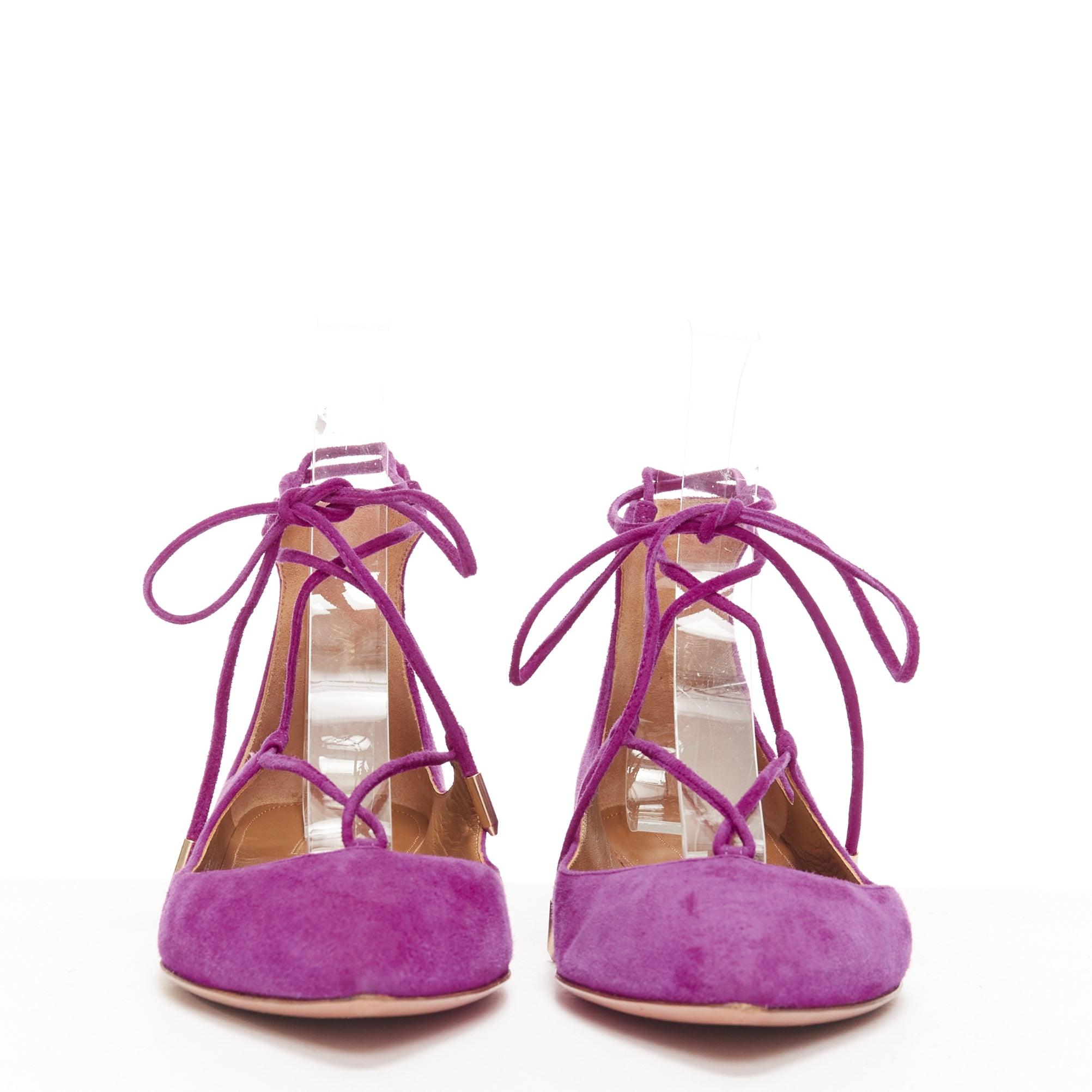 AQUAZZURA Belgravia purple suede leather pointy lace up gold heel flats EU37.5 In Good Condition For Sale In Hong Kong, NT