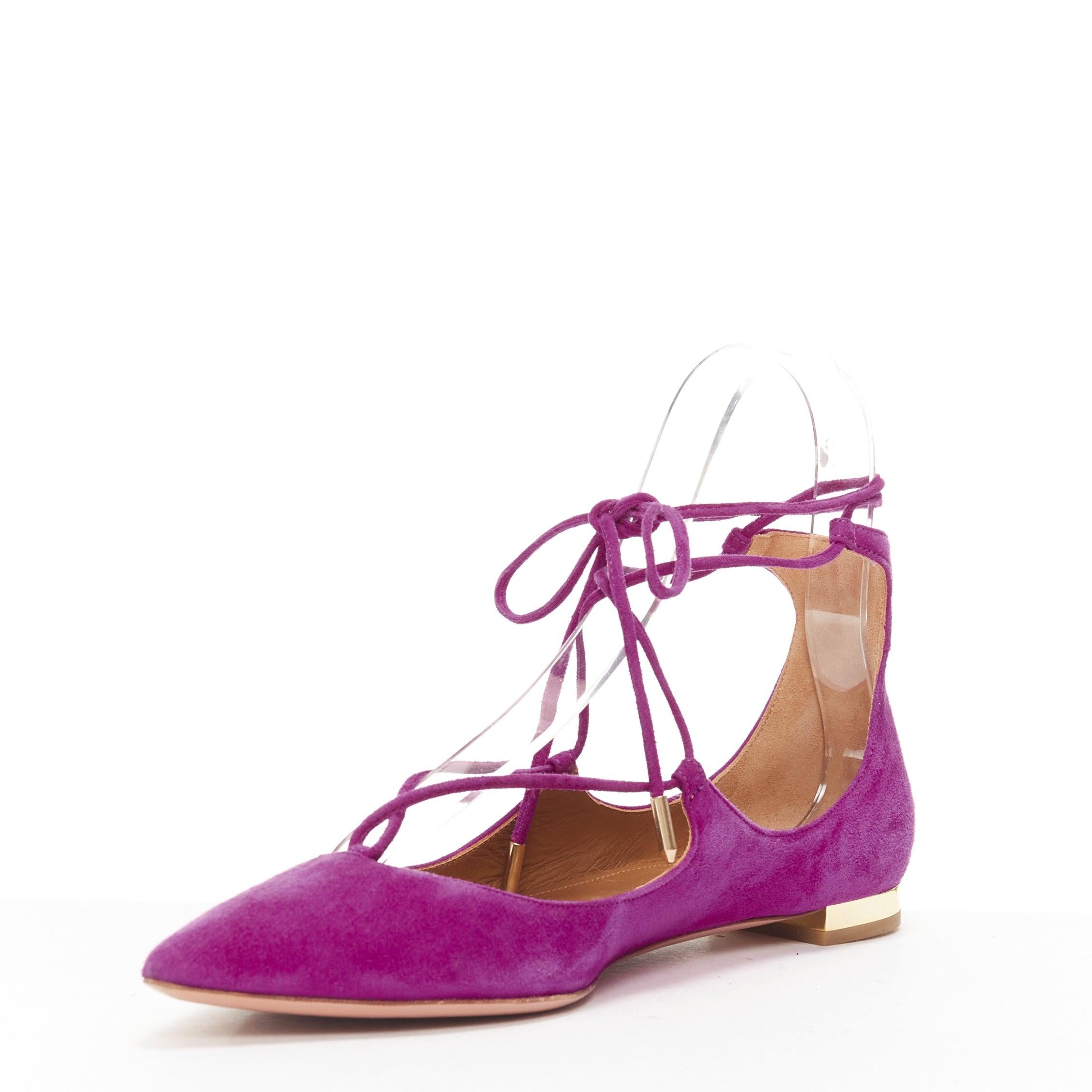 AQUAZZURA Belgravia Chaussures à talons dorés à lacets pointus en daim violet EU37,5 Bon état - En vente à Hong Kong, NT