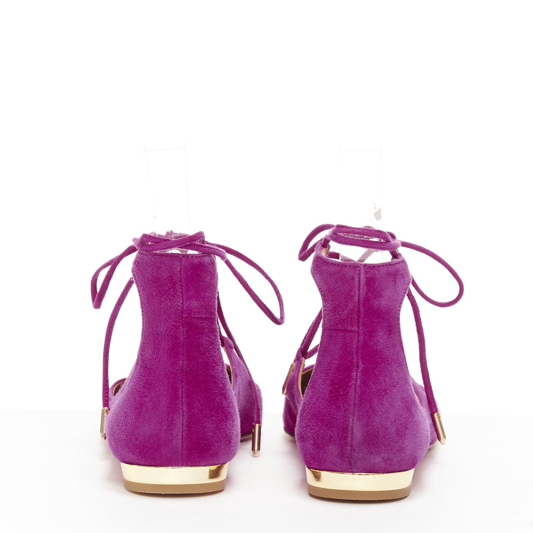 AQUAZZURA Belgravia purple suede leather pointy lace up gold heel flats EU37.5 For Sale 1