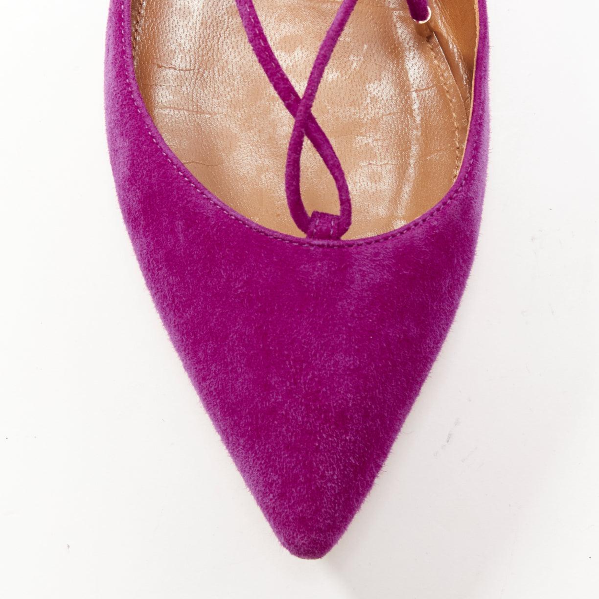 AQUAZZURA Belgravia purple suede leather pointy lace up gold heel flats EU37.5 For Sale 2