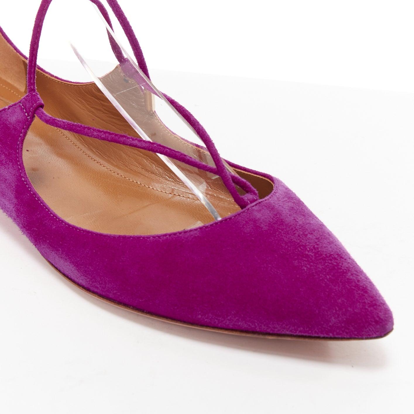 AQUAZZURA Belgravia purple suede leather pointy lace up gold heel flats EU37.5 For Sale 3